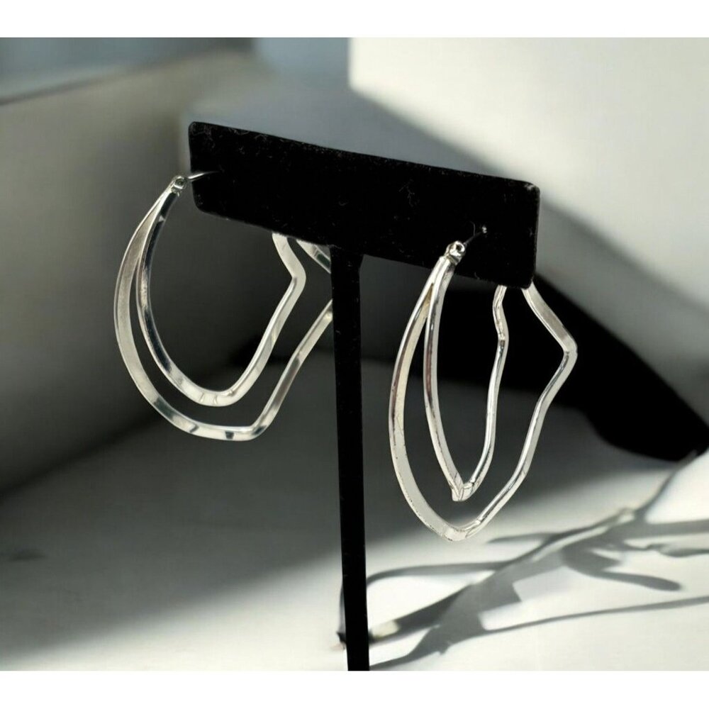 Silver Tone Double Layered Hoop Earrings Abstract Bent Style
